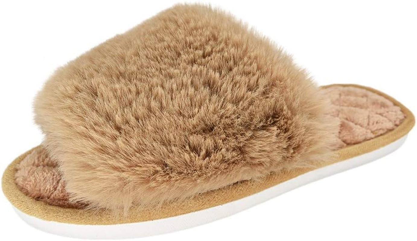 Women'S Fuzzy Fur Flat Slippers Soft Open Toe House Slippers Memory Foam Sandals Slides Home Slippers for Girls Men Indoor Outdoor