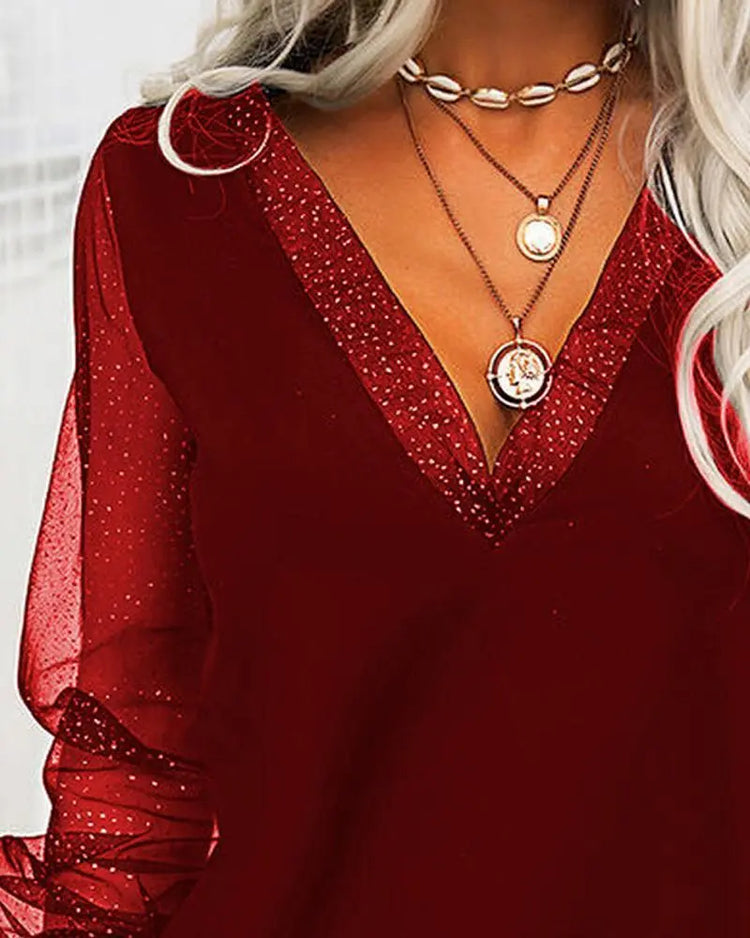 V Neck Fashion Mesh Patchwork Top - shopluxelook.store