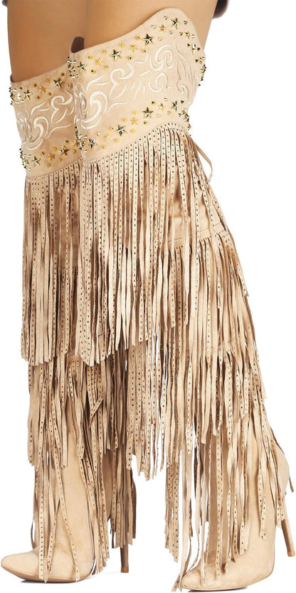 High Tide Over-the-Knee Cowboy Boots for Women - Stylish Fringe Design in Nude Size 7