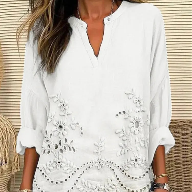 Loose V-neck Printed Long Sleeved Shirt shopluxelook.store