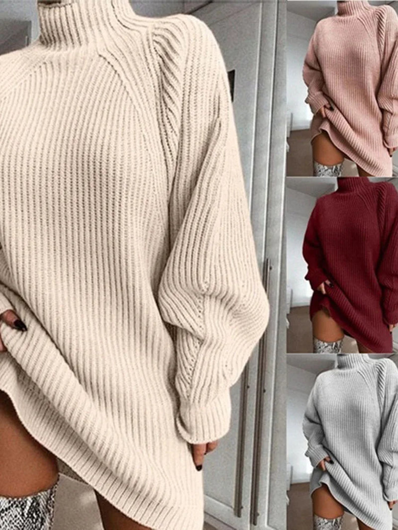 Women Turtleneck Oversized Knitted Dress Autumn Solid Long Sleeve Casu