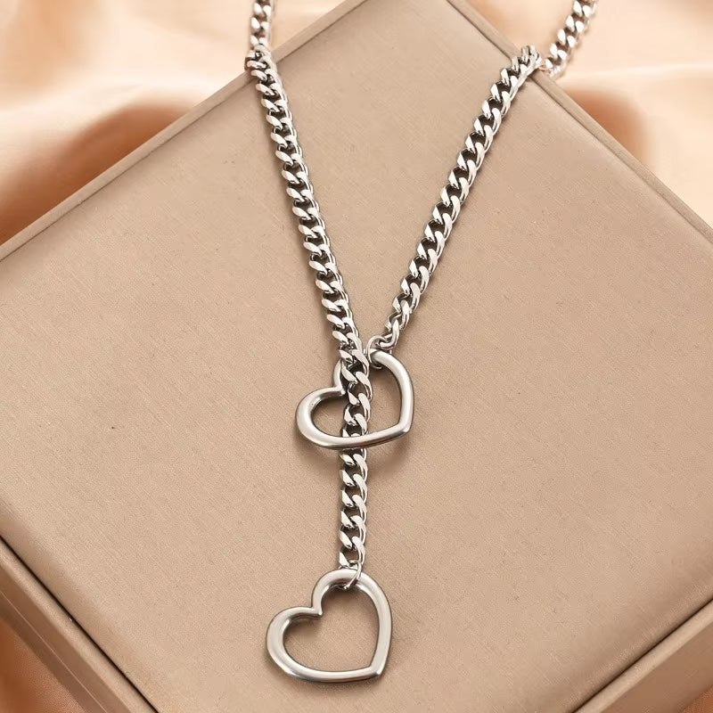 Womens Slip Chain Necklace Heart O-Ring Punk Rock Cuban Long Necklace 