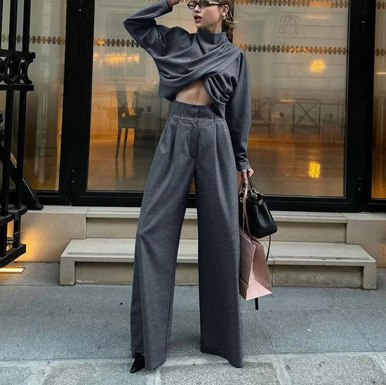 Small Turtleneck Cross Long Sleeves Top Casual Wide Leg Pants Two-piece Set - shopluxelook.store