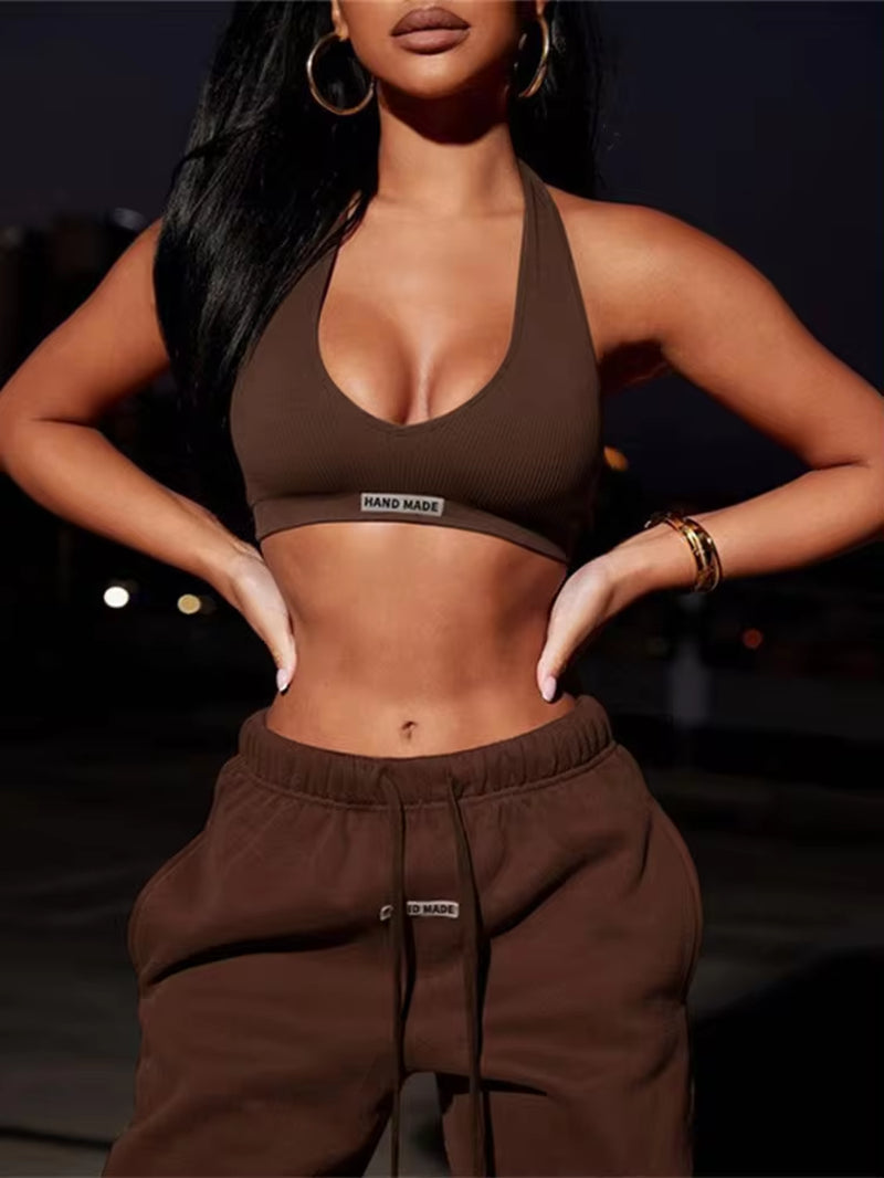 Sporty Two Piece Set Girl Halter Crop Tops+Drawstring Sweatpants Slim 