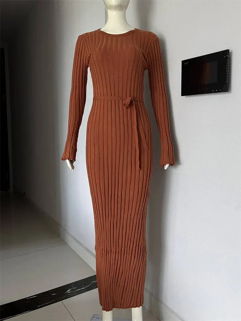 Lace-Up Female Knit Maxi Dress Autumn High Waist Fashion Patchwork Long Sleeve Loose Solid Dress Bandage Knitwear Dress