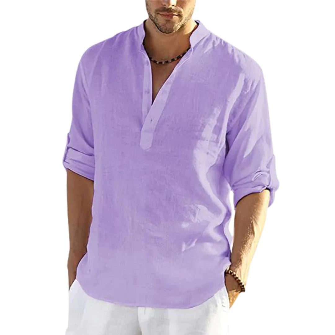 Men's Casual Cotton Linen Solid Color Long Sleeve Shirt Loose Stand Co