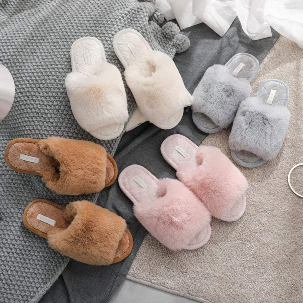 Women'S Fuzzy Fur Flat Slippers Soft Open Toe House Slippers Memory Fo