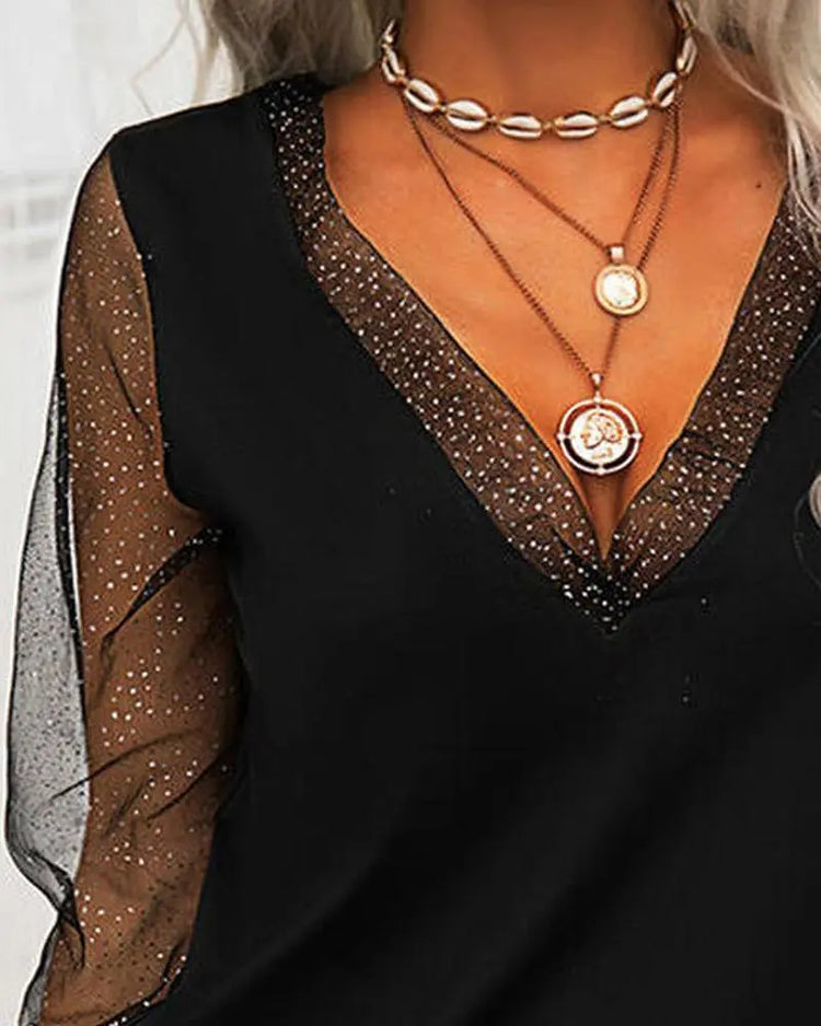 V Neck Fashion Mesh Patchwork Top - shopluxelook.store