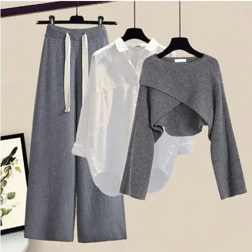 Salt Design Sweater Top Matching Slimming Casual Wide-leg Pants Three-piece Set - shopluxelook.store