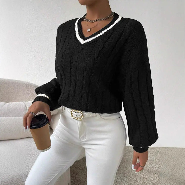 Autumn And Winter Elegant Contrast Color Twisted Loose V-neck Fashion All-matching Women&