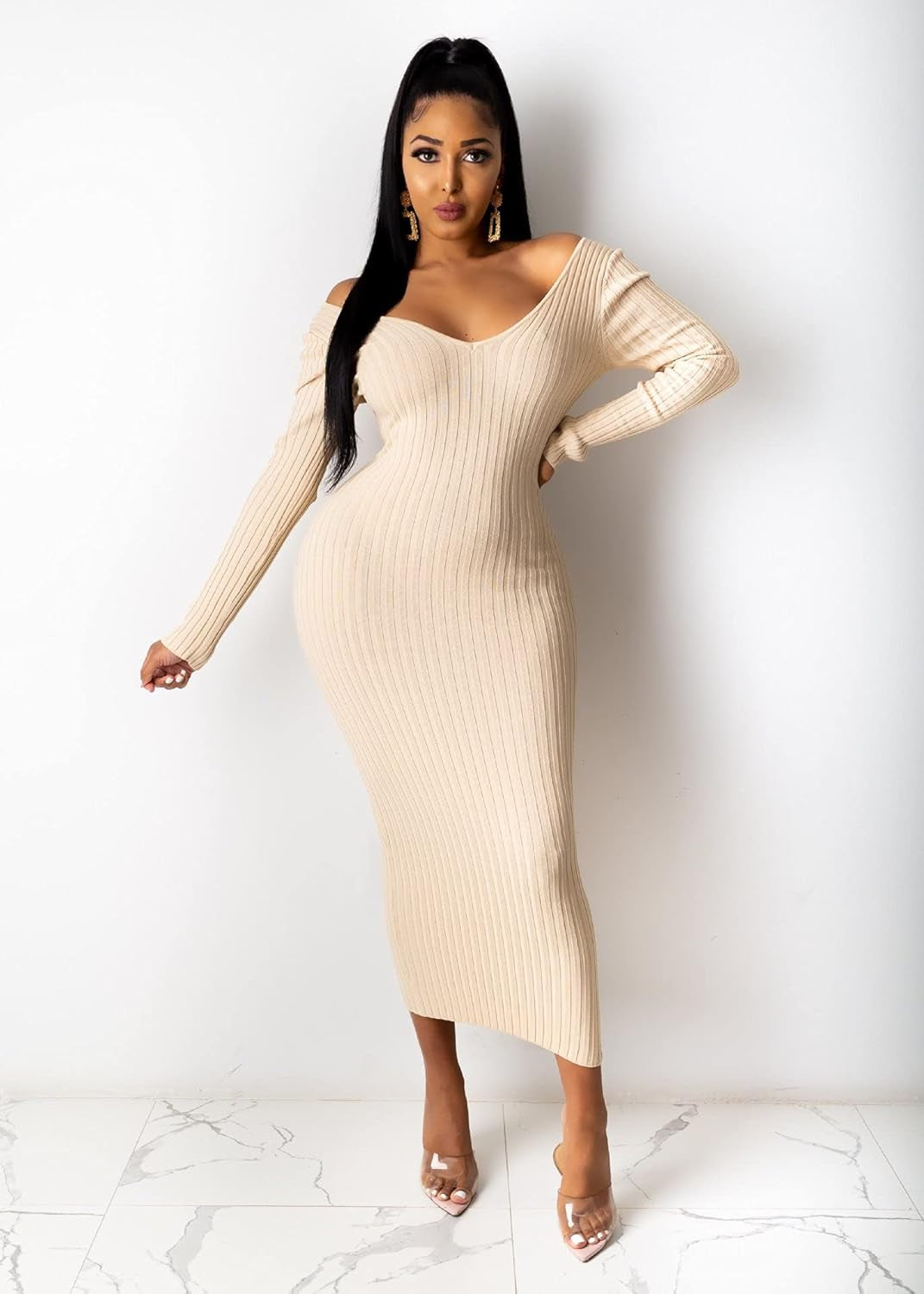 Women'S Long Sleeve Ribbed Knit Casual Bodycon Mini Dress Fall Pullove