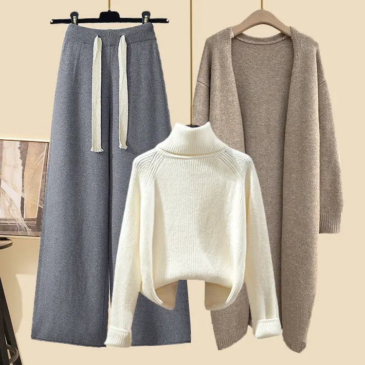 Idle Style Three-piece Set Thick Turtleneck Sweater Wide Leg Pants Wear Long Cardigan Jacket Slimming - shopluxelook.store