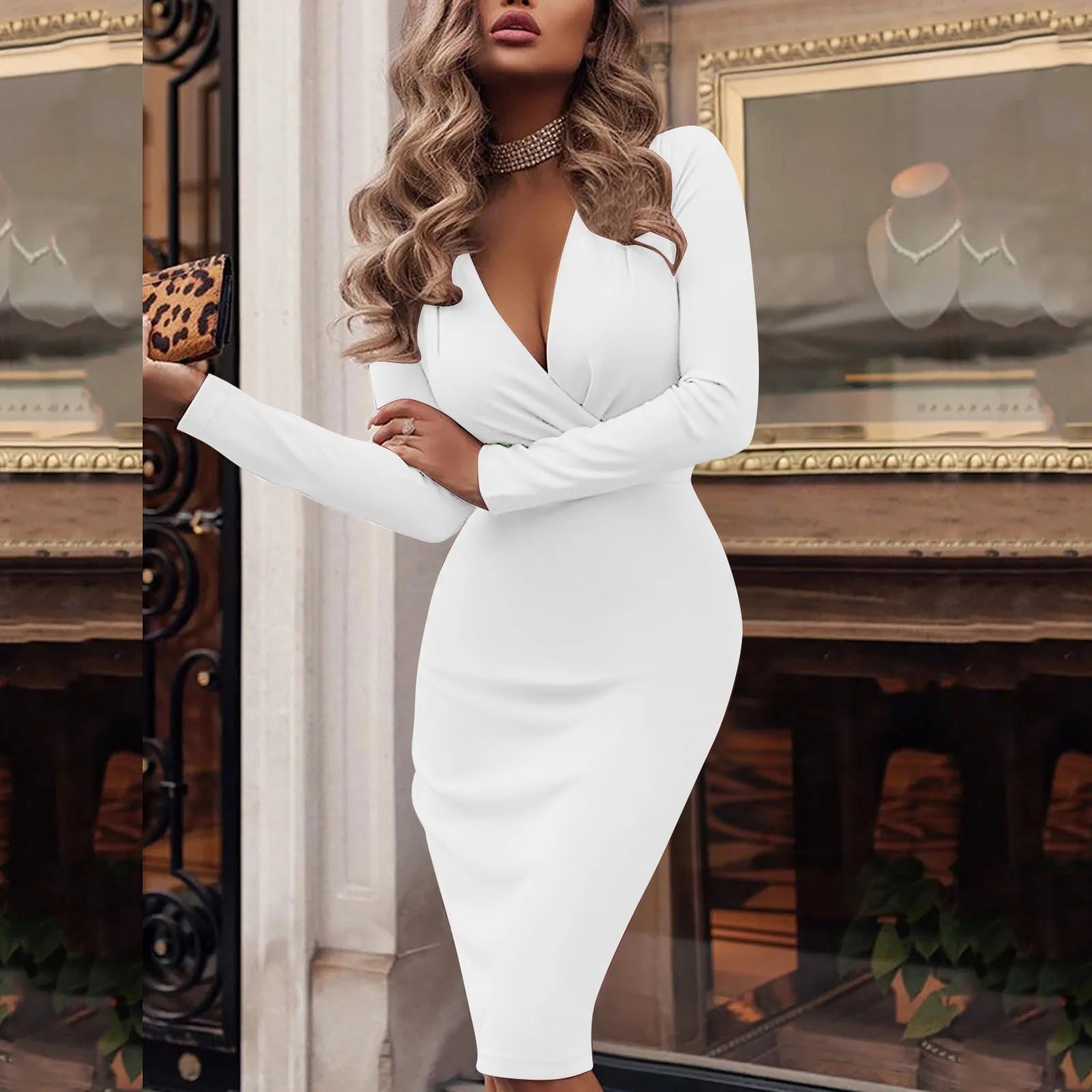 Elegant Women Bodycon White Dresses Sexy Deep V Neck Pleated Long Bag 