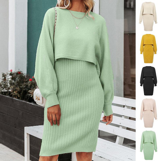 2pcs Knitted Dress Suit Fashion Solid Color Pullover Lantern - sleeved Sweater Fall Winter Women's Clothing - Luxury 4 by Shop Luxe Look