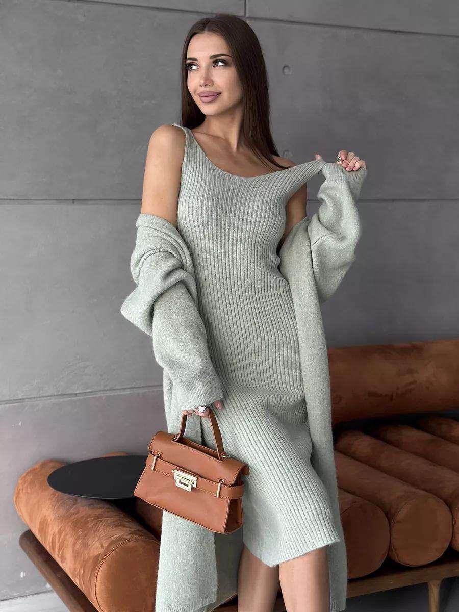 2pcs Knitted Suit Fashion Slim Sleeveless Long Dress And Casual Loose Cardigan Spring Fall Women's Clothing - Luxury 4 by Shop Luxe Look