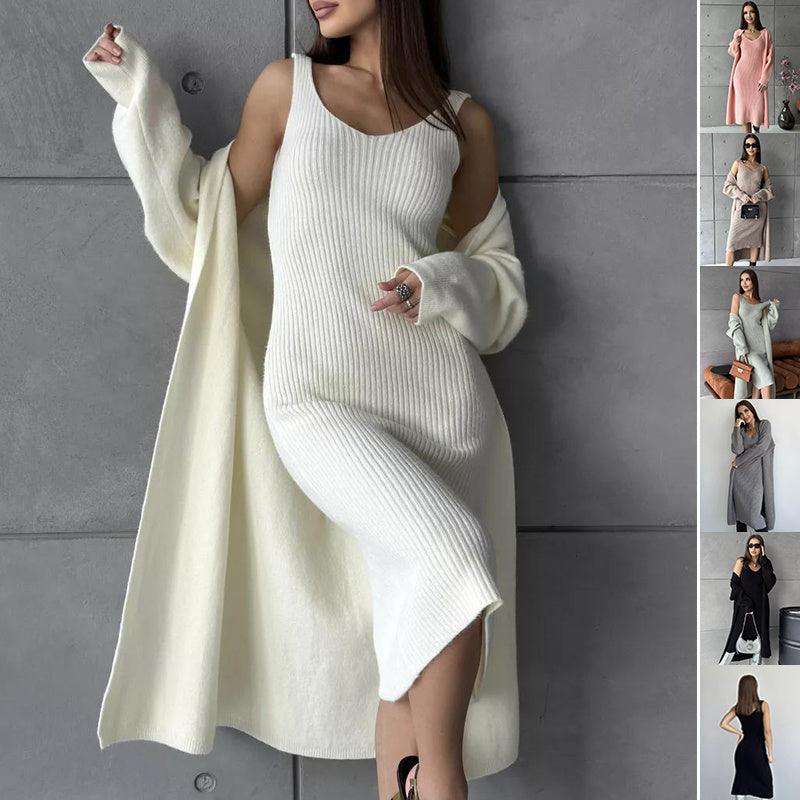 knitted suit-2pcs Knitted Suit Fashion Slim Sleeveless Long Dress And Casual Loose Cardigan Spring Fall Women's Clothing-shopluxelook.store