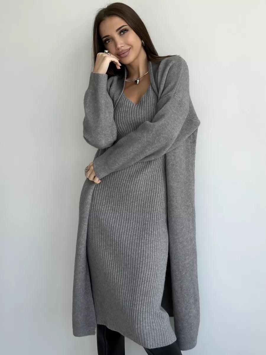 2pcs Knitted Suit Fashion Slim Sleeveless Long Dress And Casual Loose Cardigan Spring Fall Women's Clothing - Luxury 4 by Shop Luxe Look