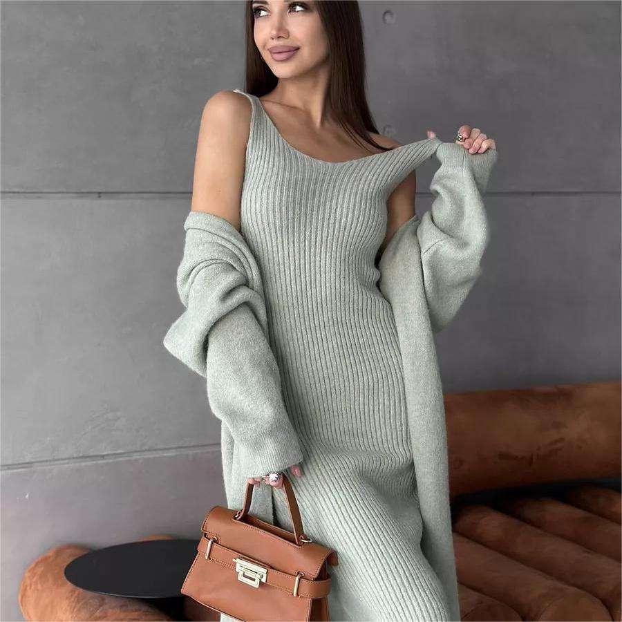 knitted suit-2pcs Knitted Suit Fashion Slim Sleeveless Long Dress And Casual Loose Cardigan Spring Fall Women's Clothing-shopluxelook.store