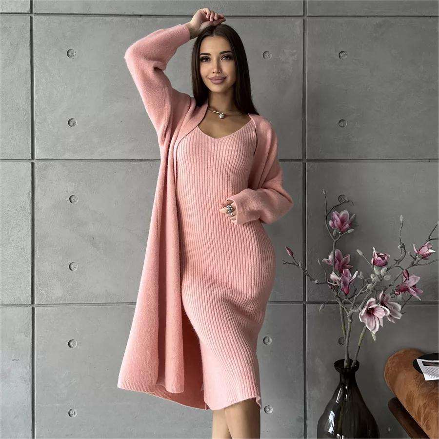 2pcs Knitted Suit Fashion Slim Sleeveless Long Dress And Casual Loose Cardigan Spring Fall Women's Clothing - Luxury 4 by Shop Luxe Look