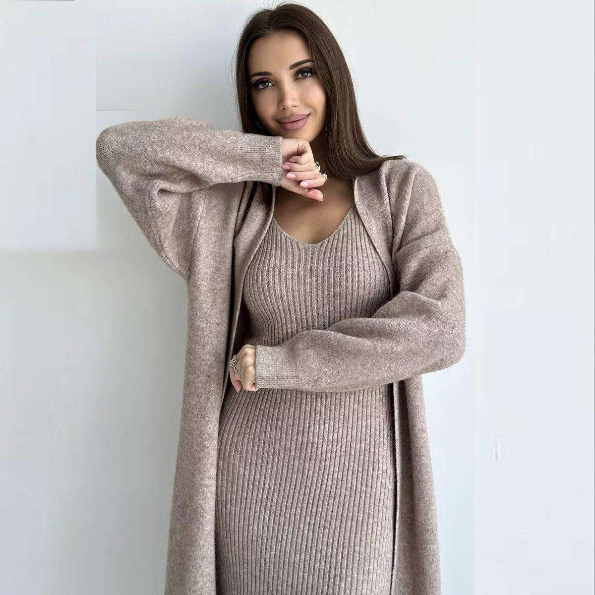 2pcs Knitted Suit Fashion Slim Sleeveless Long Dress And Casual Loose Cardigan Spring Fall Women's Clothing - Luxury 4 by Shop Luxe Look