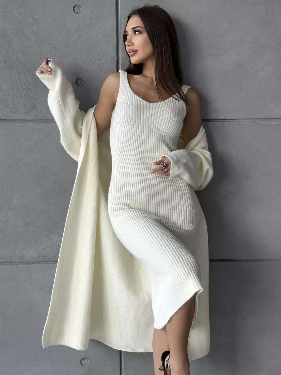 2pcs Knitted Suit Fashion Slim Sleeveless Long Dress And Casual Loose Cardigan Spring Fall Women's Clothing - Luxury 4 by Shop Luxe Look