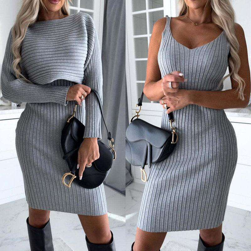 2pcs suit women's solid stripe long-sleeved top and tight suspender skirt fashion autumn winter slim clothing-2pcs Suit Women's Solid Stripe Long-sleeved Top And Tight Suspender Skirt Fashion Autumn Winter Slim Clothing-shopluxelook.store