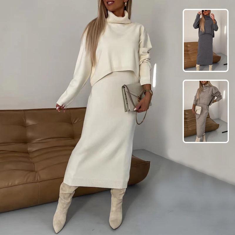 winter fashion suit-2pcs Sweater Suit Winter Fashion Turtleneck Pullover And Sleeveless Long Dress Womens Clothing-shopluxelook.store