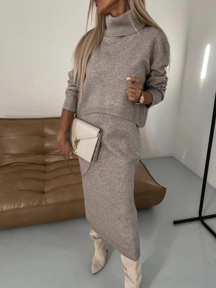 winter fashion suit-2pcs Sweater Suit Winter Fashion Turtleneck Pullover And Sleeveless Long Dress Womens Clothing-shopluxelook.store