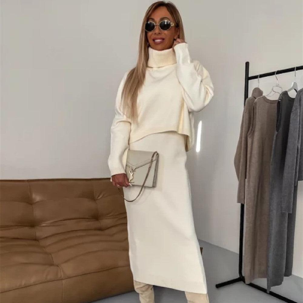 winter fashion suit-2pcs Sweater Suit Winter Fashion Turtleneck Pullover And Sleeveless Long Dress Womens Clothing-shopluxelook.store