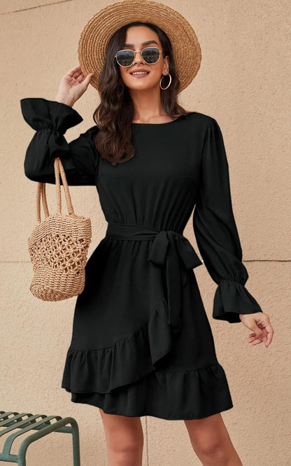 Women Flowy Long Sleeve Crew Neck Ruffles Mini Short Dress Bell Sleeve Solid Color with Belt (Black, Medium)