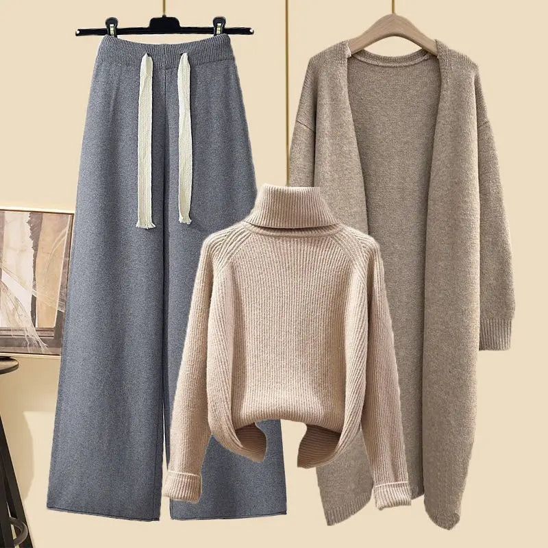 Idle Style Three-piece Set Thick Turtleneck Sweater Wide Leg Pants Wear Long Cardigan Jacket Slimming - shopluxelook.store