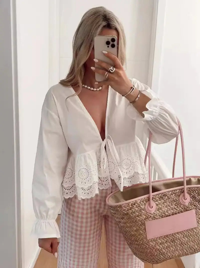 Deep V-neck Long Sleeve Shirt Top shopluxelook.store