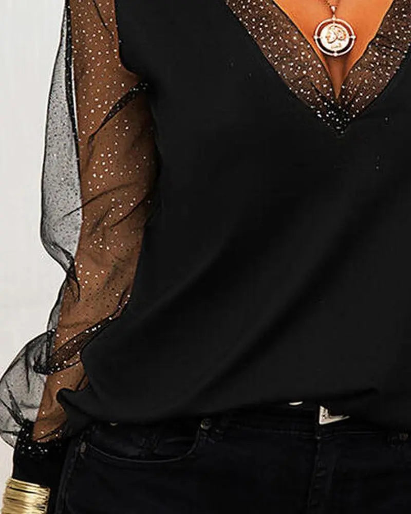 V Neck Fashion Mesh Patchwork Top - shopluxelook.store