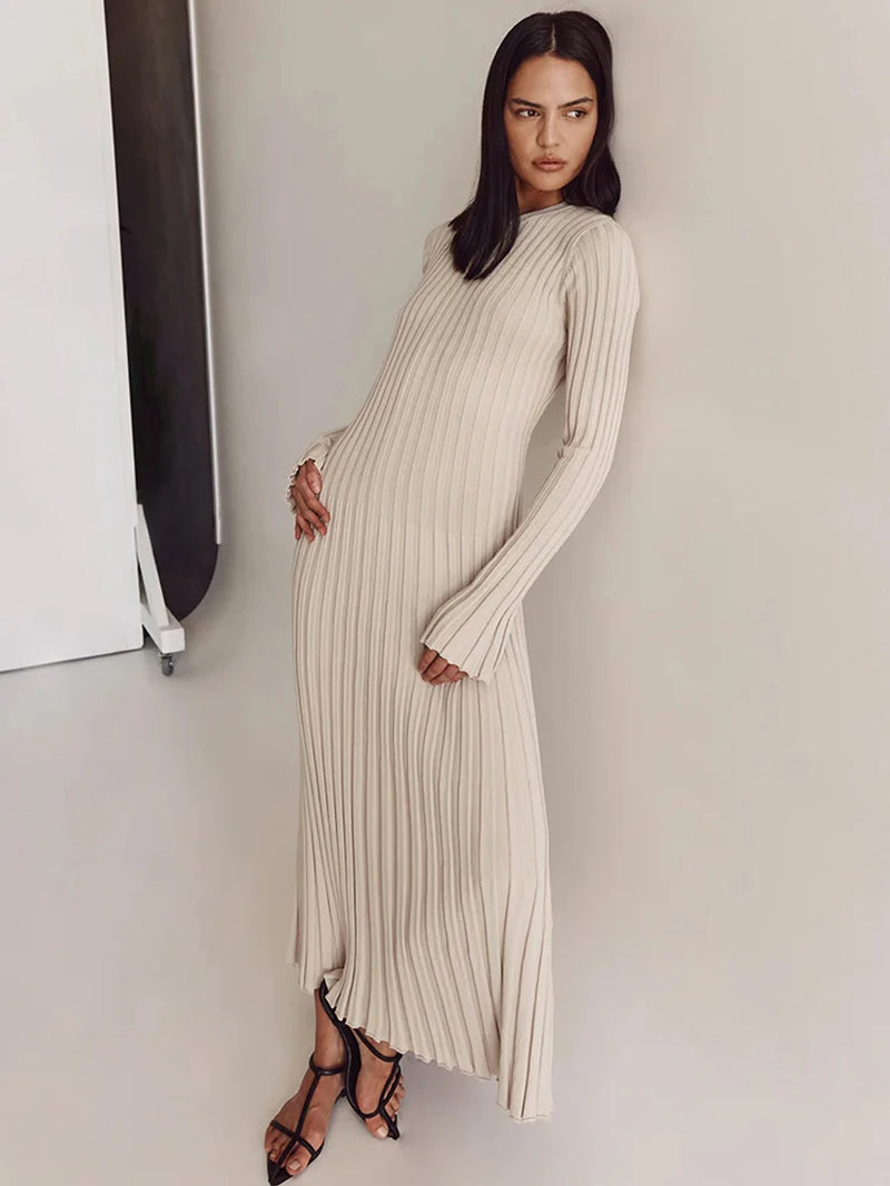 Lace-Up Female Knit Maxi Dress Autumn High Waist Fashion Patchwork Lon