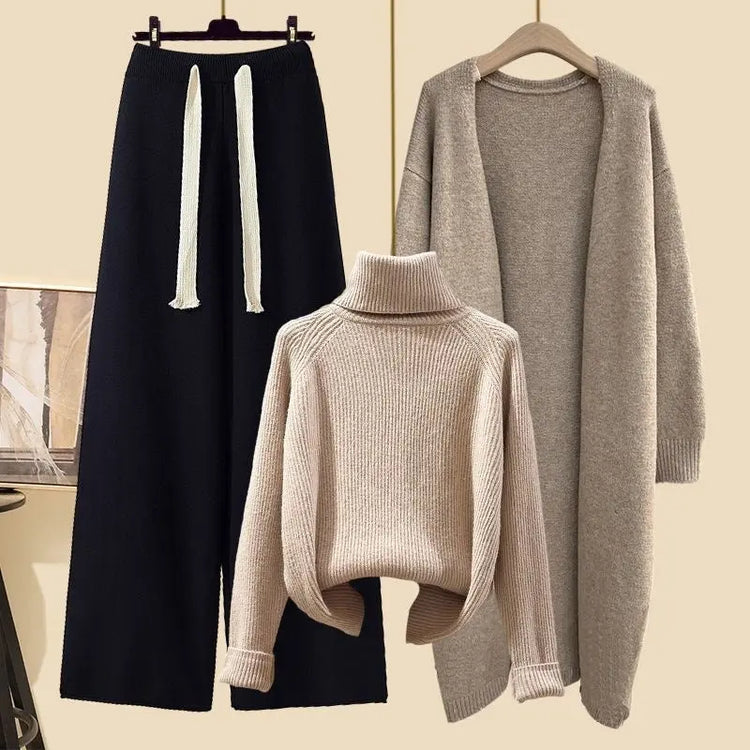 Idle Style Three-piece Set Thick Turtleneck Sweater Wide Leg Pants Wear Long Cardigan Jacket Slimming - shopluxelook.store