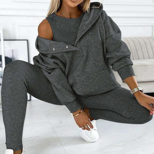 3pcs Women's Sports Suit Loose Hooded Pockets Sweatshirt And Vest And Slim Trousers - Luxury 0 by Shop Luxe Look