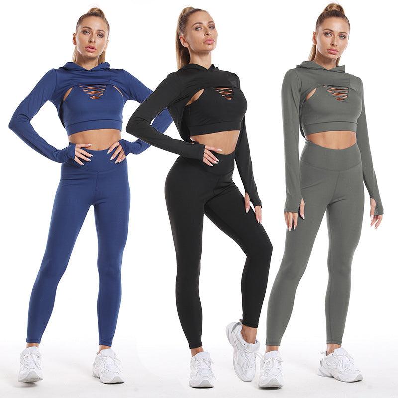 sports suits-3pcs Sports Suits Long Sleeve Hooded Top Hollow Design Camisole And Butt Lifting High Waist Seamless Fitness Leggings Sports Gym Outfits Clothing-shopluxelook.store