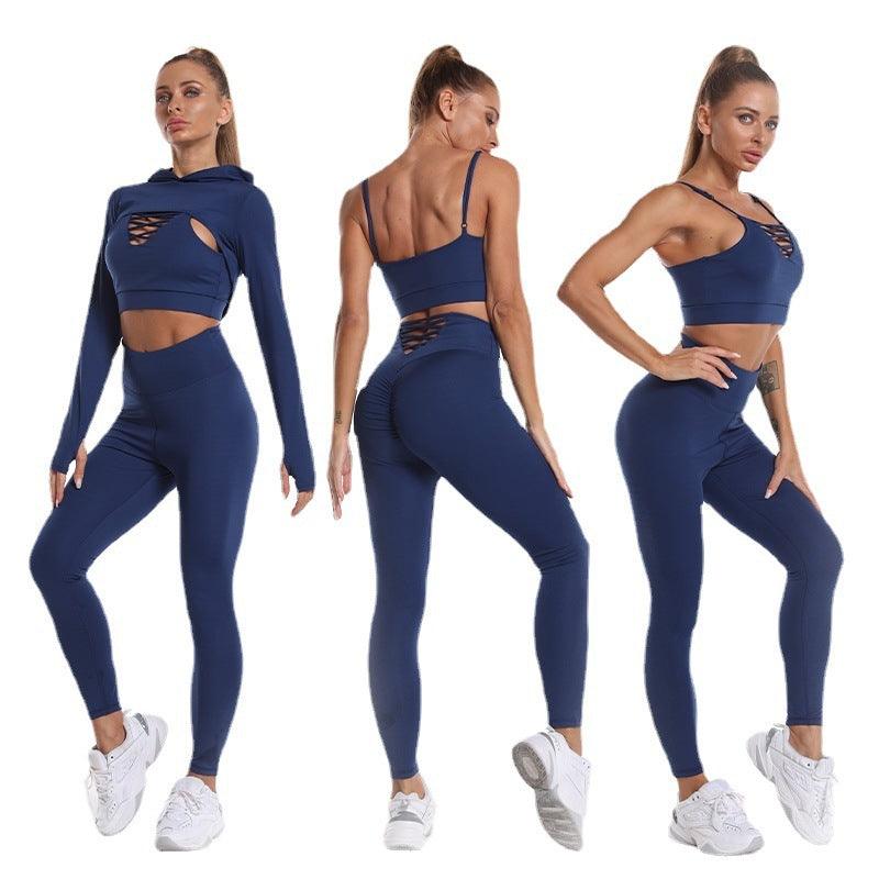 sports suits-3pcs Sports Suits Long Sleeve Hooded Top Hollow Design Camisole And Butt Lifting High Waist Seamless Fitness Leggings Sports Gym Outfits Clothing-shopluxelook.store