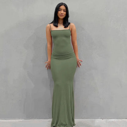 Satin Slip Backless Maxi Dress - Green / Large