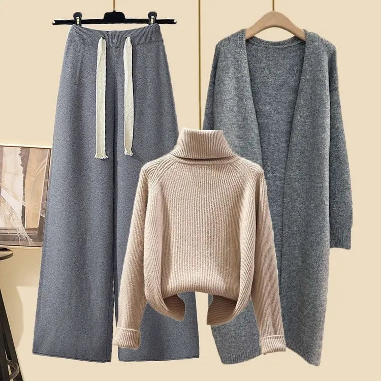 Idle Style Three-piece Set Thick Turtleneck Sweater Wide Leg Pants Wear Long Cardigan Jacket Slimming - shopluxelook.store