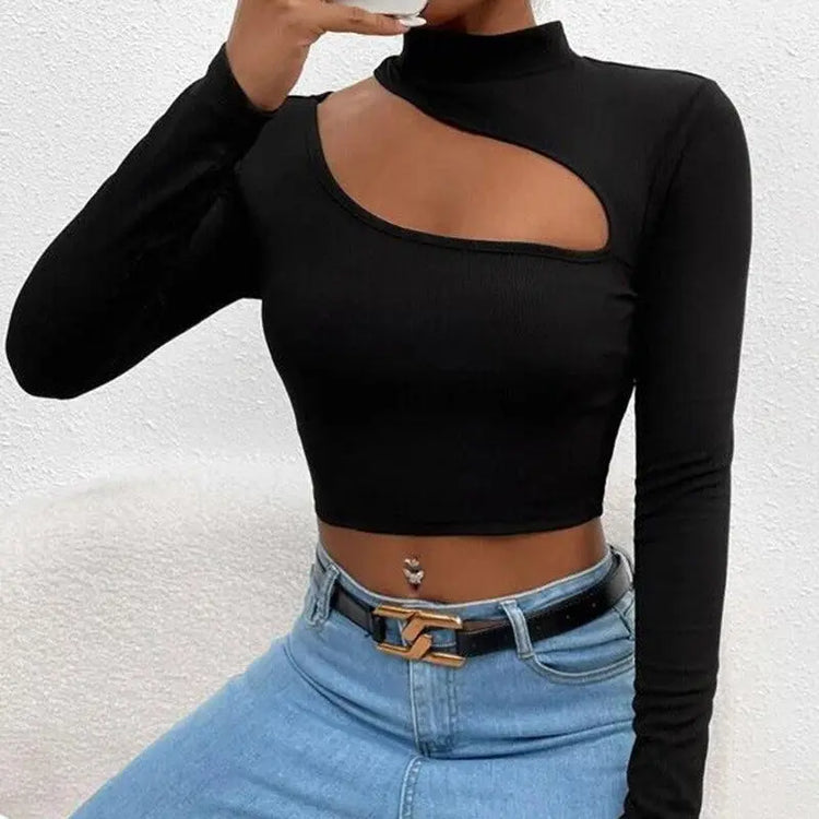 Trendy Unique Hollow Small Turtleneck Long Sleeve T-shirt - shopluxelook.store