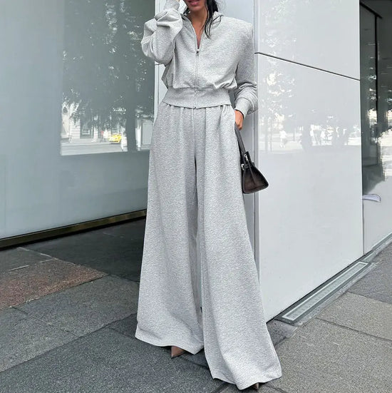 Gray Hooded Sweatshirt Wide Leg Pants Suit - shopluxelook.store