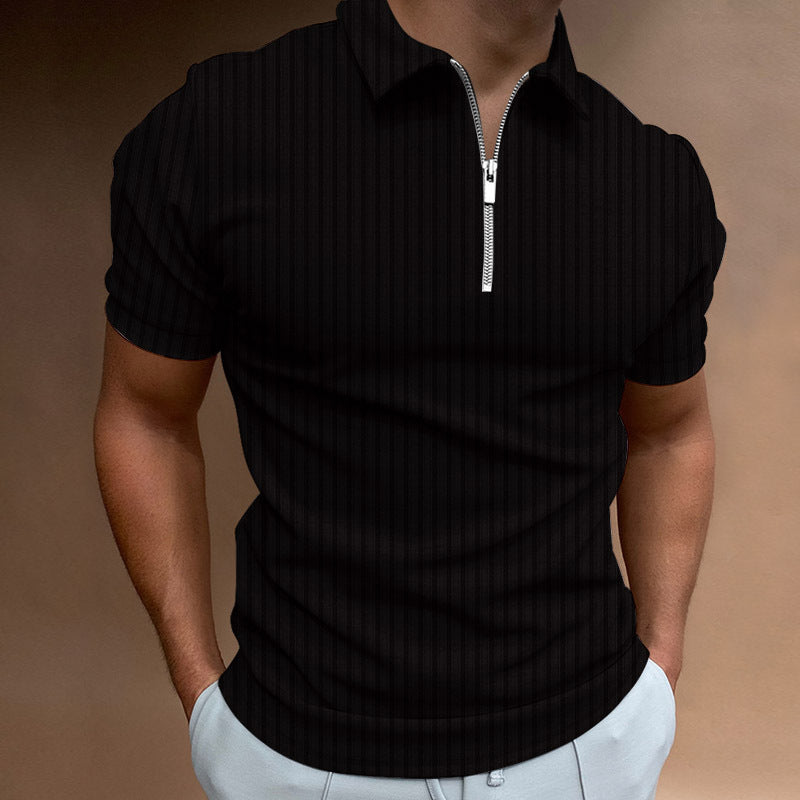 Men's T-shirt Striped Zipper Short Sleeve Solid Color