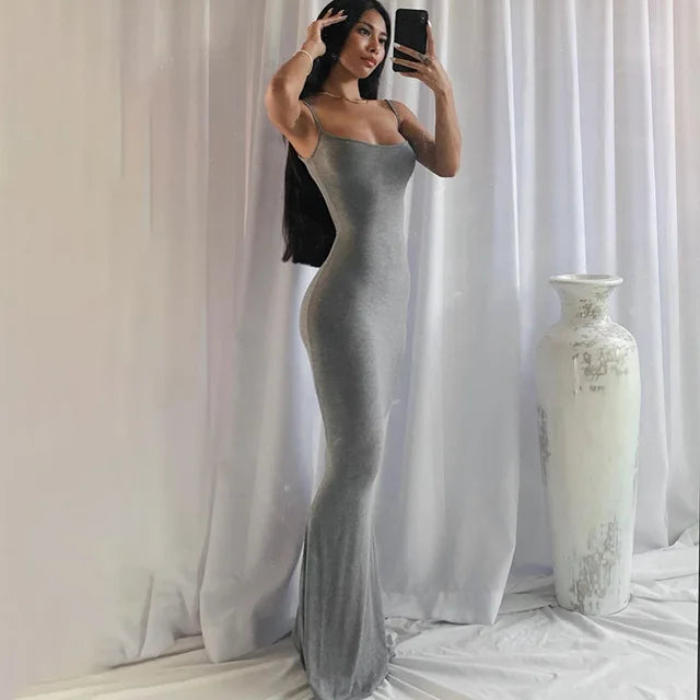 Satin Slip Backless Maxi Dress - Gray / Small