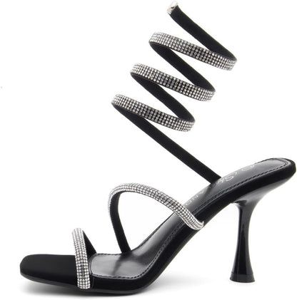 Charming2 Women’S Rhinestone Heeled Sandals Open Toe High Stilettos Spiral Ankle Wrap Strap High Heels Black Gold Silver Dress Shoes for Party Wedding Prom