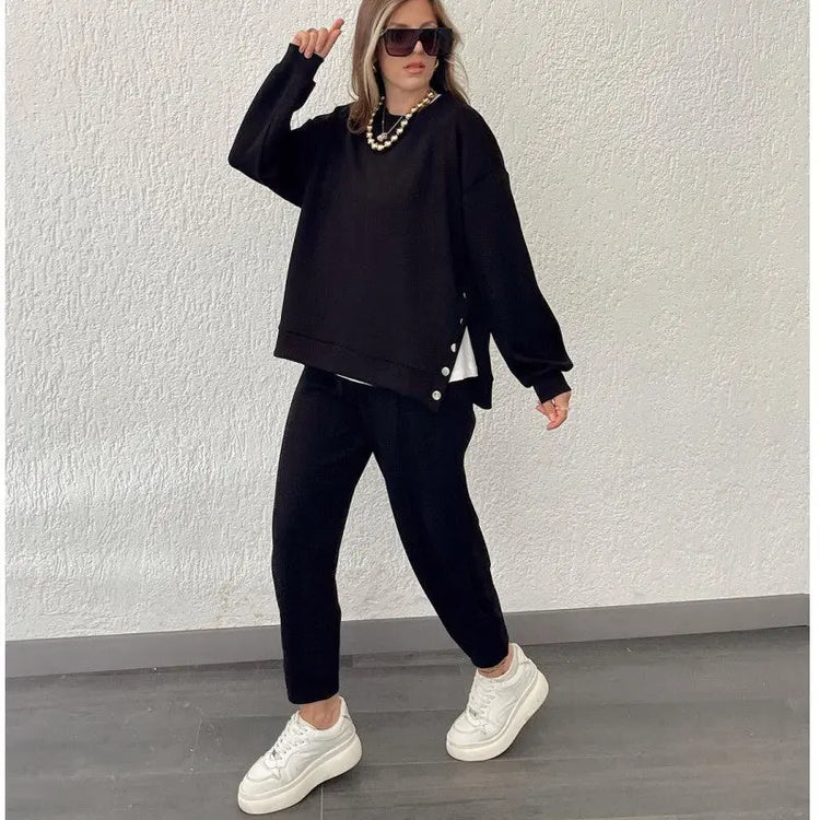 Metal Button Long Sleeve Shirt Sports Casual Ankle Banded Pants Suit shopluxelook.store