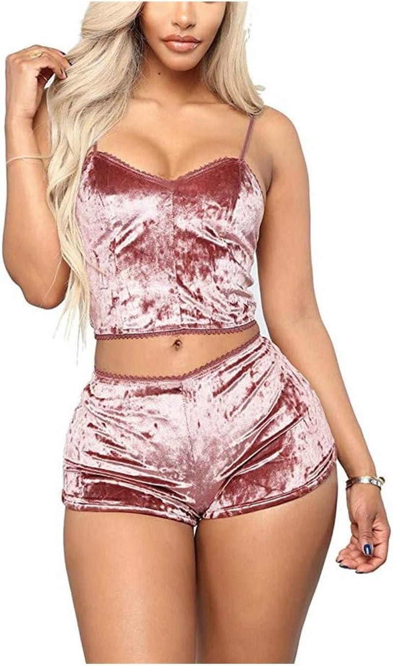 Women'S Velvet 2 Piece Outfit Spaghetti Strap Sleeveless Crop Top Cami