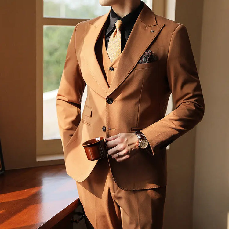 High-end Wedding Bridegroom Suit Suit Closure Collar Suit Three-piece Suit Men Caramel shopluxelook.store