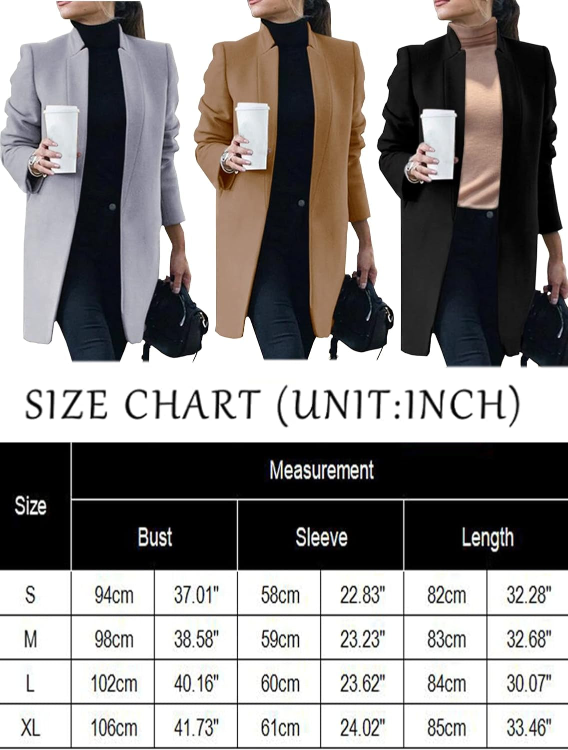 Women'S Peacoat Trench Coat Mid Long Outwear Casual Lapel Open Front S