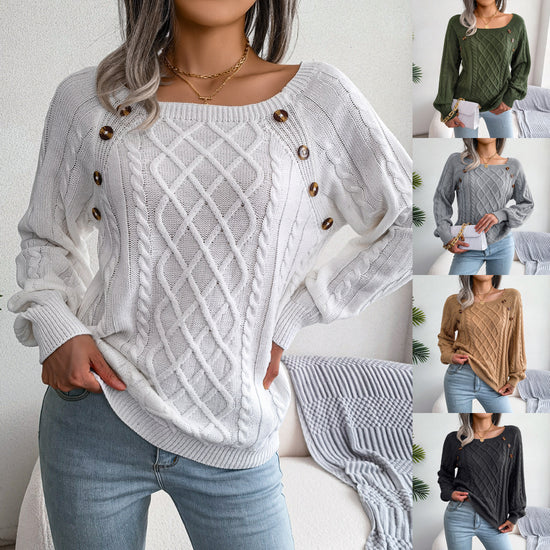 Square Neck Knitted Sweater With Button Design Winter Warm Long Sleeve Tops Women&